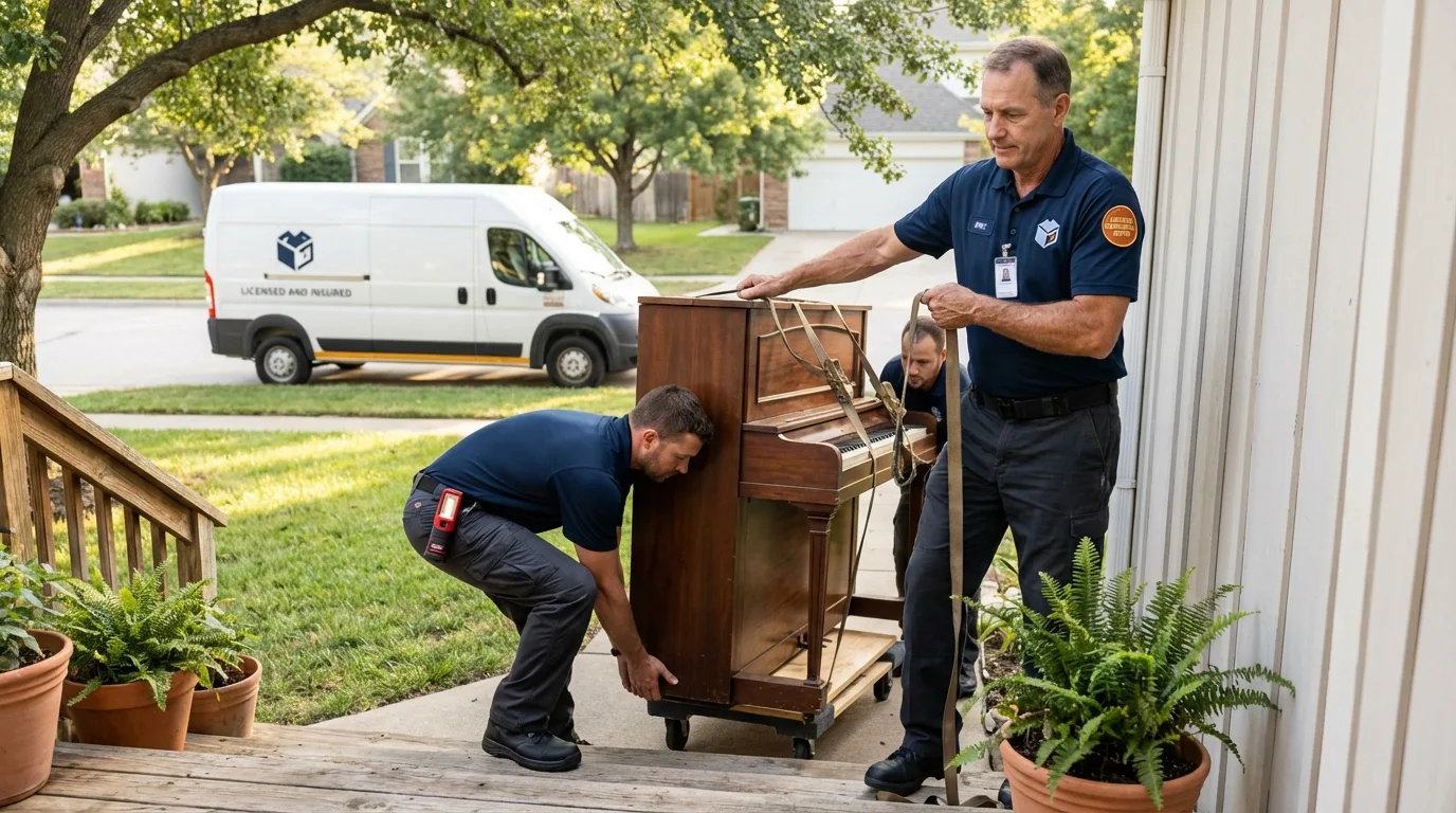 Licensed piano movers securing grand piano in Round Lake, IL