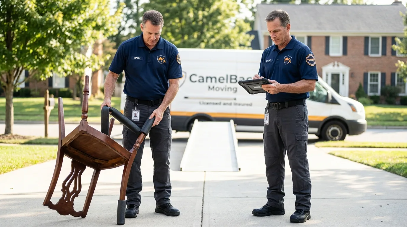 Movers inspecting furniture for damage prevention before loading in Round Lake, IL